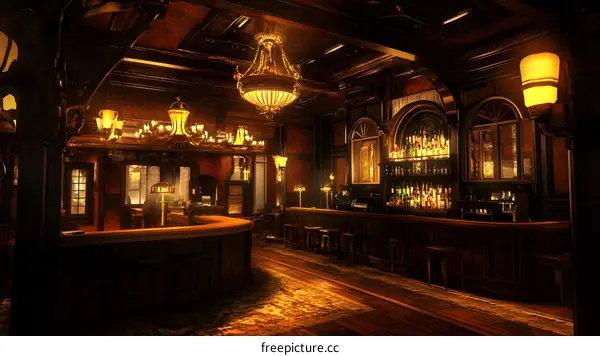 Interior of a Vintage Bar with Wooden Bar and Chandeliers