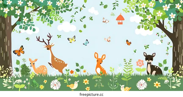 Cute Cartoon Deers and Butterflies in Forest