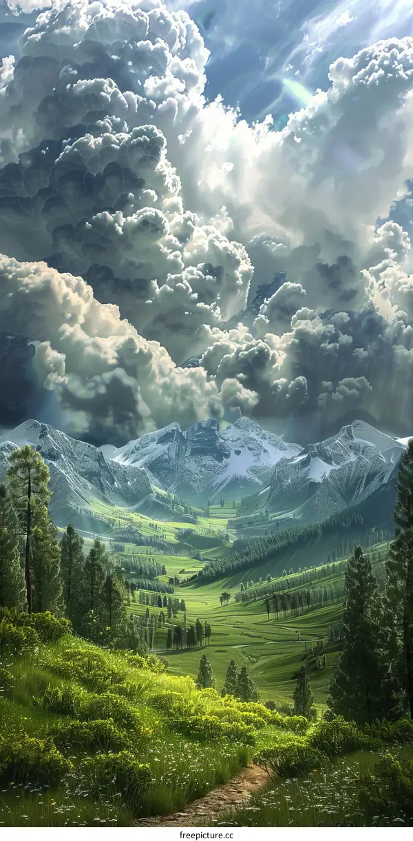 Green Valley With Dramatic Sky, Mountains And Sunlight Shining Through Clouds