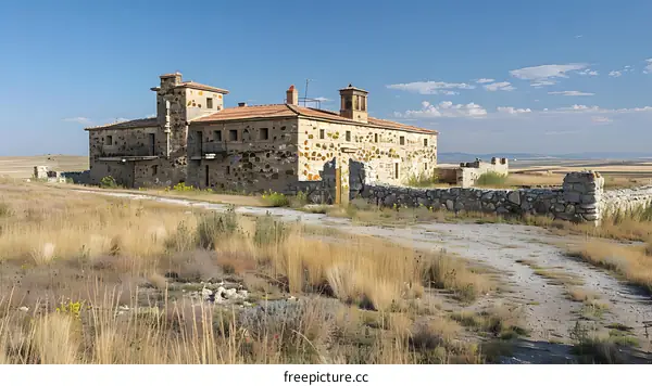 Stone House Abandoned in Field Landscape