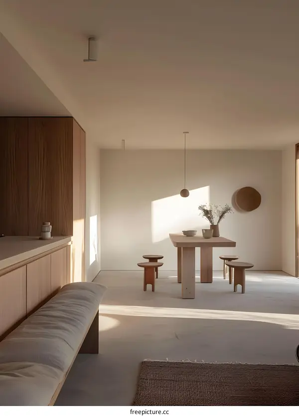 Minimalist Modern Interior Design With Wood Table And Stools