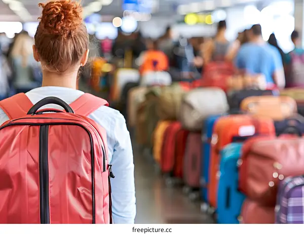 Young Woman Walking Through Airport With Backpack