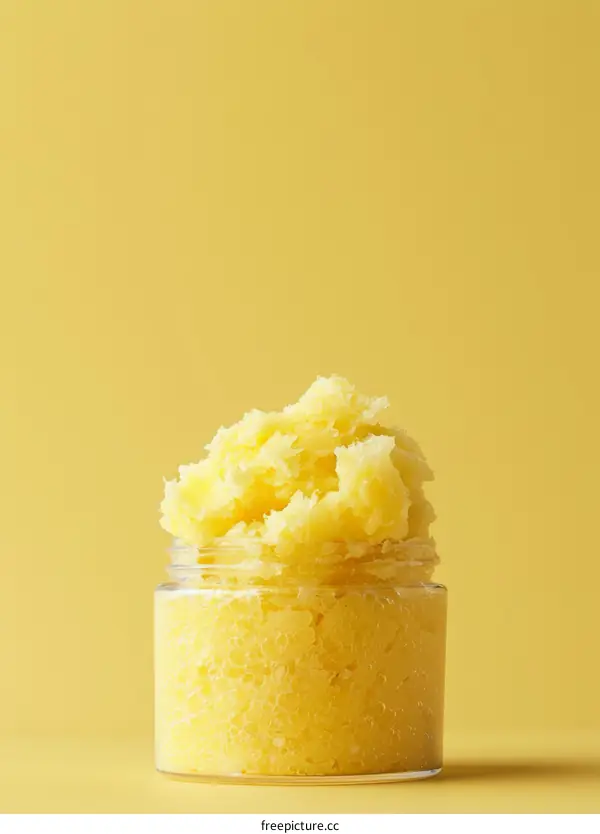 Close-up of a jar of yellow body scrub on a yellow background