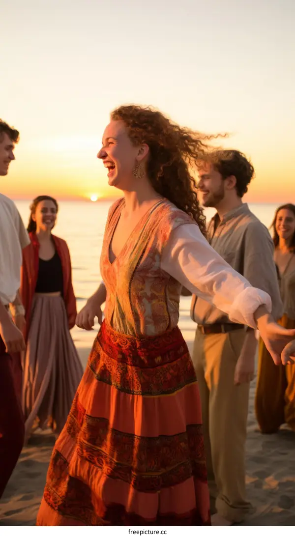 carefree friends dancing on beach at sunset
