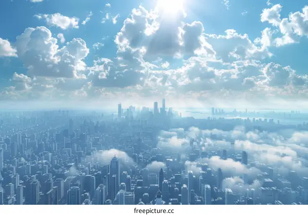 Aerial View of a Futuristic City Surrounded by Clouds