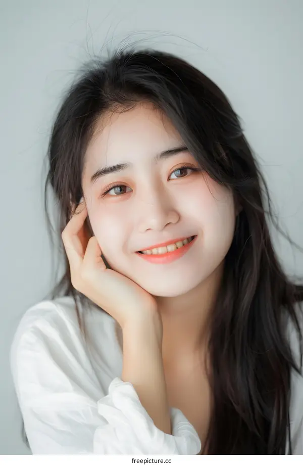 Portrait of a Smiling Asian Woman with Long Black Hair