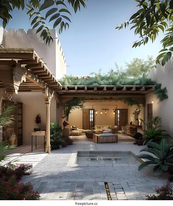 Traditional Arabic Style Courtyard with Green Roof