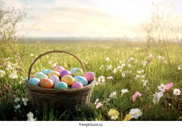 Easter Eggs in a Basket in a Spring Meadow