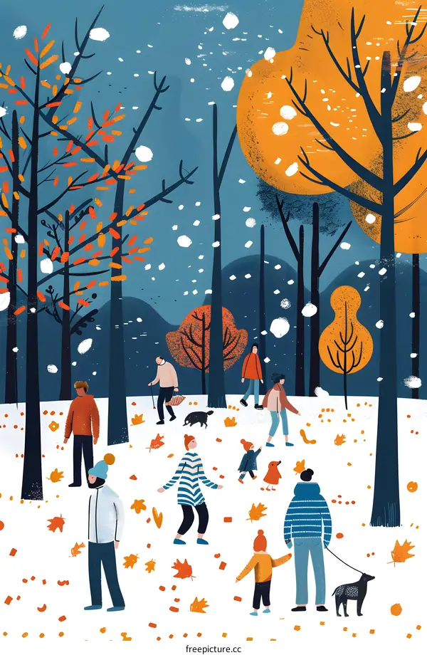 Winter Wonderland Illustration with People in Forest