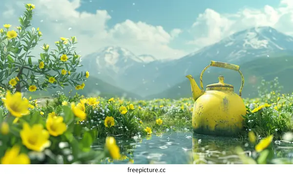 Surreal Yellow Kettle in a Flower Field