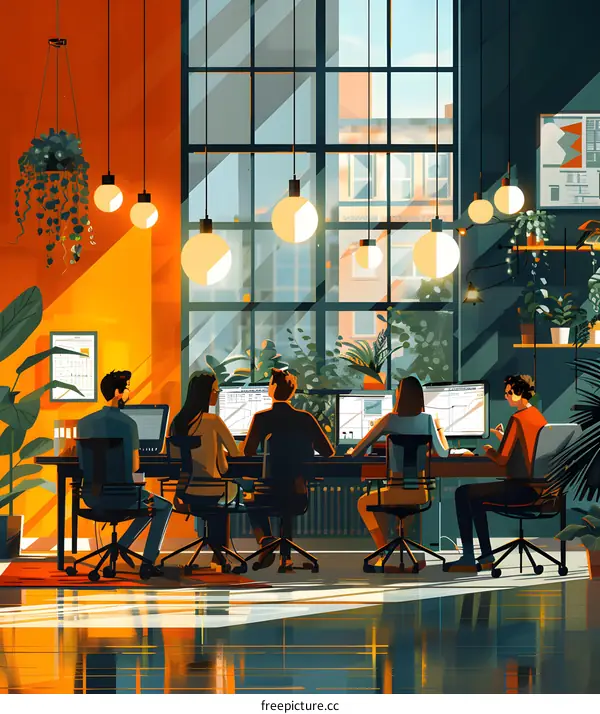 Illustration of a group of diverse people working together in a creative office space