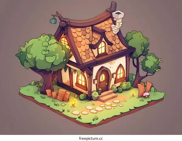 Cute Cartoon Cottage Illustration with Green Trees and Stone Path