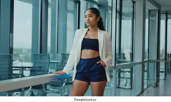 Young Woman in Stylish Business Casual Outfit by Office Window