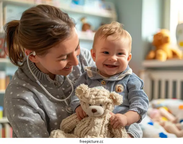 Pediatrician examining a smiling baby boy with a teddy bear