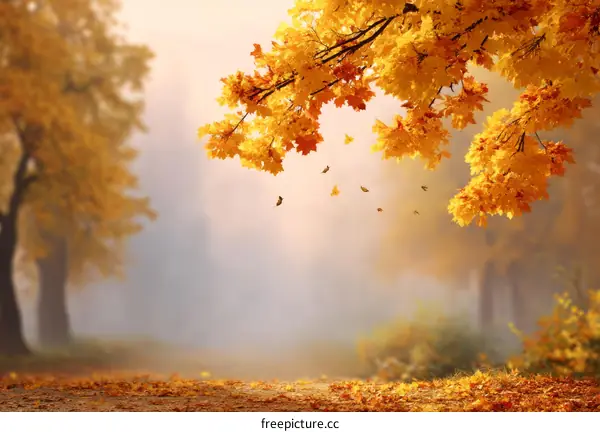 Autumnal Foggy Forest Path with Falling Leaves