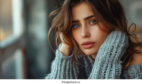 portrait of a beautiful young woman with blue eyes and brown hair