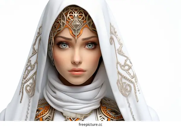 An illustration of a beautiful woman wearing a white headscarf with golden decorations.