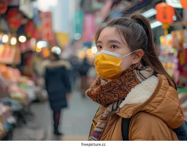 A young woman wearing a yellow mask is looking up at something.