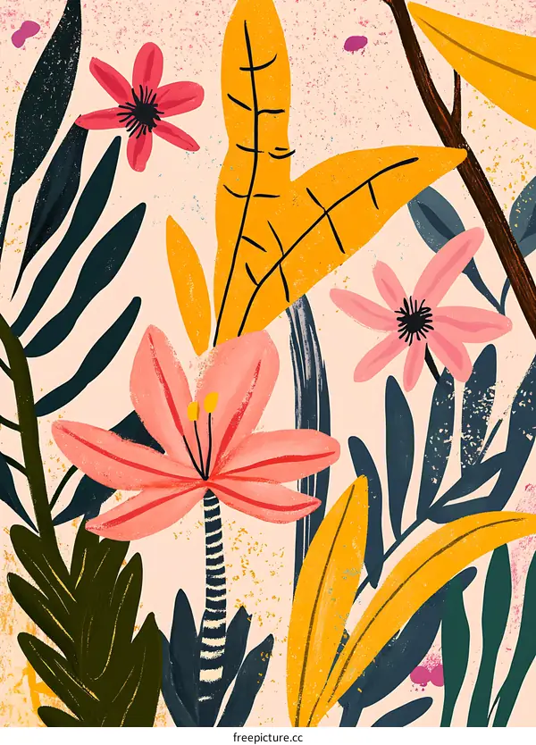 Floral Pattern Illustration with Pink Flowers and Yellow Leaves