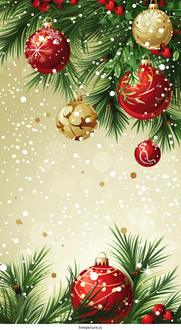Christmas background with hanging red and gold ornaments and snowflakes