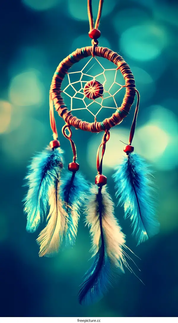 Dreamcatcher with Feathers on Blurred Green Background
