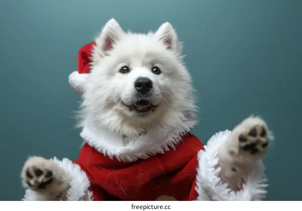 Samoyed dog wearing a Santa hat