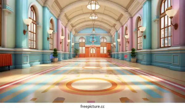 Long and colorful school hallway with lockers and big windows