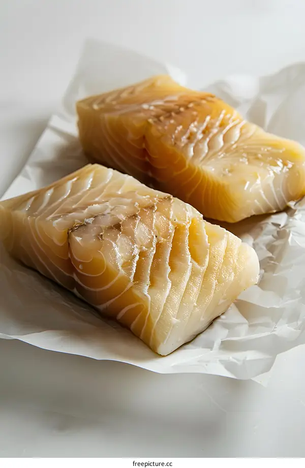 Two pieces of raw cod loin on white paper