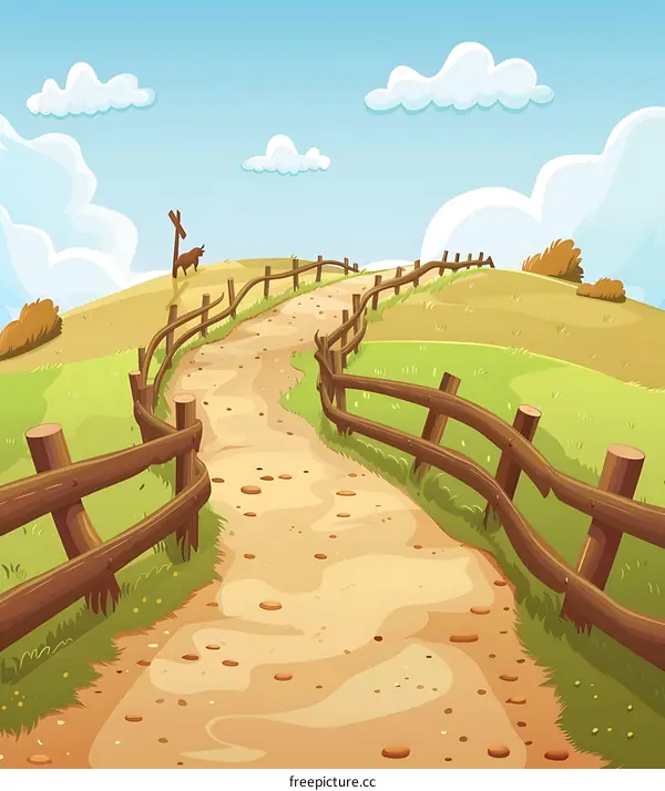 Winding Country Road with Wooden Fence and Green Fields