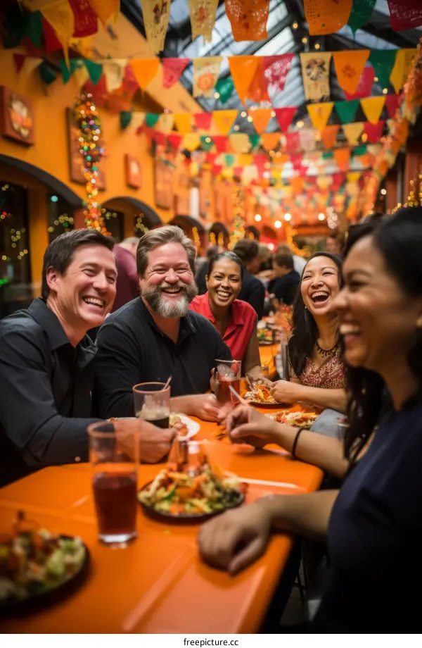 A group of diverse friends laughing and enjoying a meal together at a restaurant