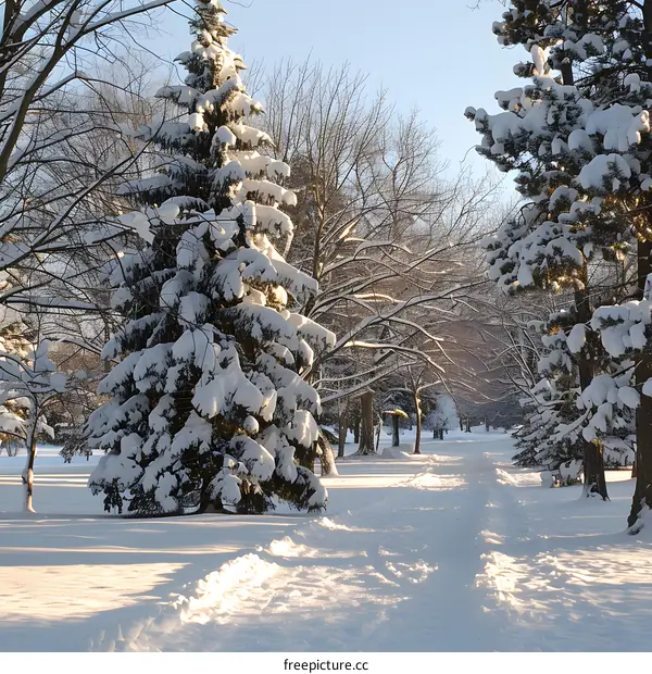A snow-covered park with a path leading through the trees
