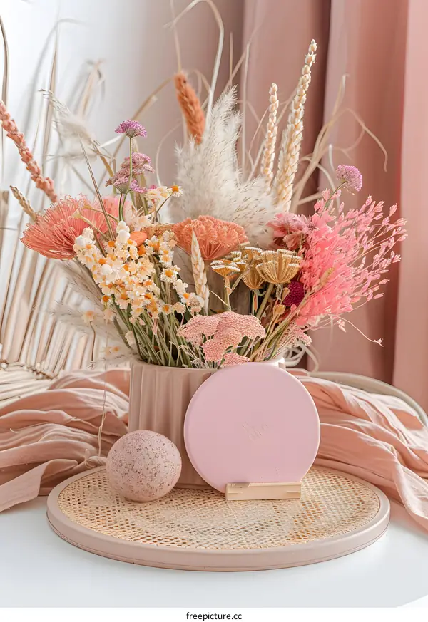 Dried Flowers In Pink Vase On A Tray