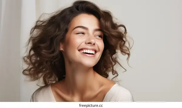 Beautiful young woman with toothy smile and brunette curly hair