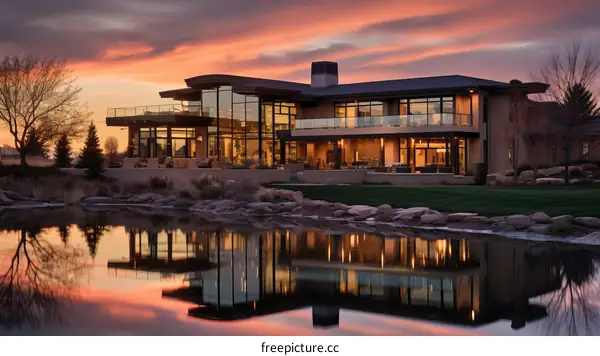 Modern house with beautiful landscape and lake view