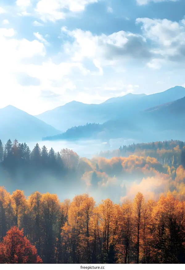 Autumn Forest Landscape with Fog and Mountains