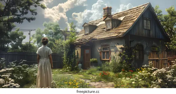 A woman standing in a garden looking at an old house