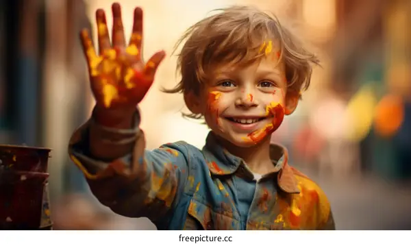 Portrait of a happy young boy covered in paint