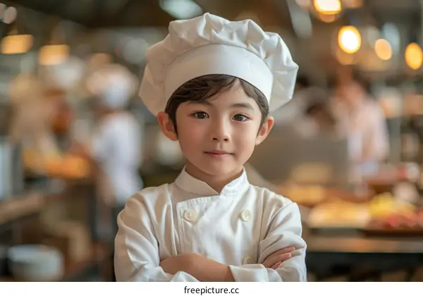 Portrait of a young Asian boy in a chef's uniform