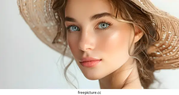 Closeup Portrait of Beautiful Woman with Straw Hat