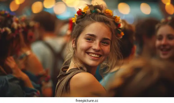 Portrait of a young woman with freckles and a flower crown at a festival
