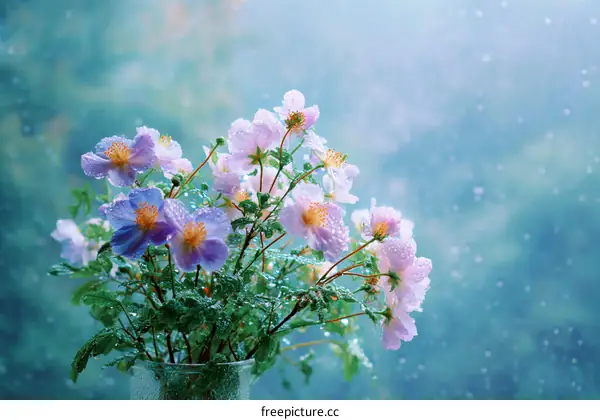 Beautiful Flowers in a Vase on a Rainy Day