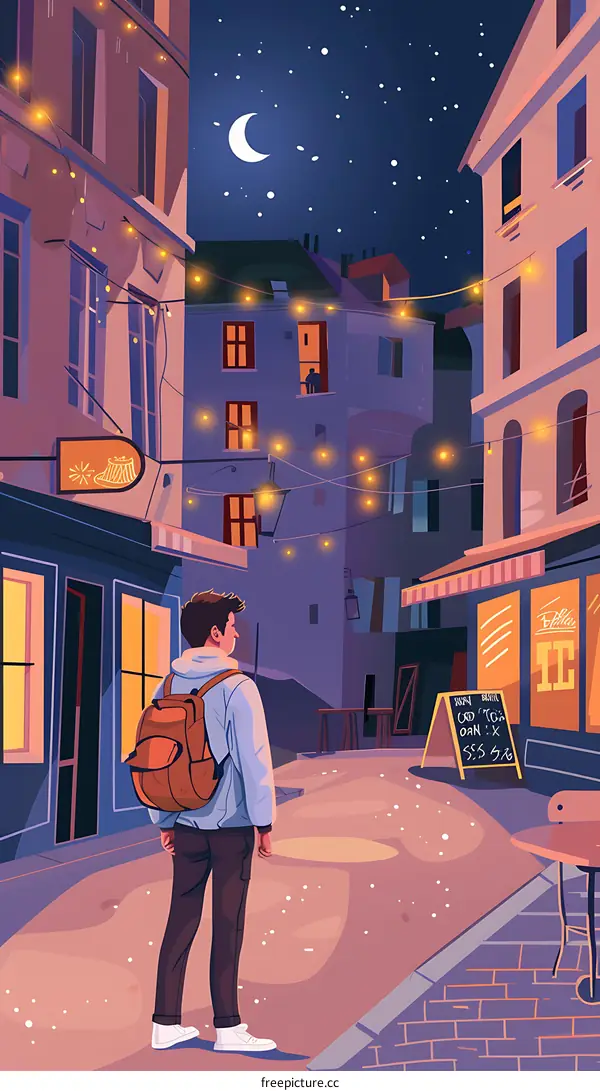 Man Walking Alone on a Night Street in Europe