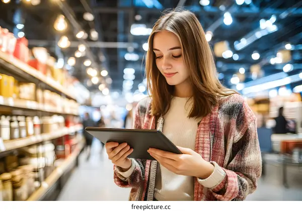 Woman Using Tablet in Supermarket Aisle