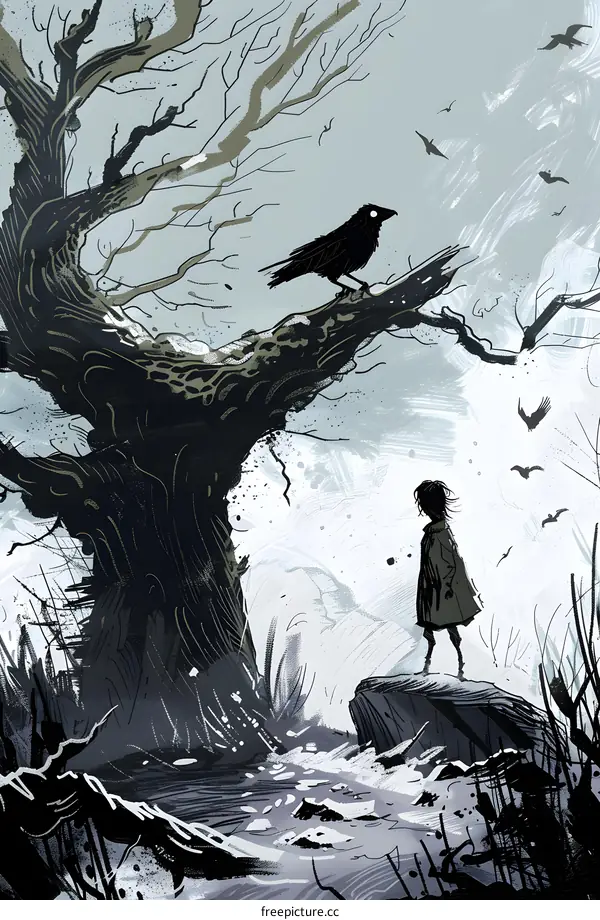 Girl Standing Alone in a Forest with a Crow