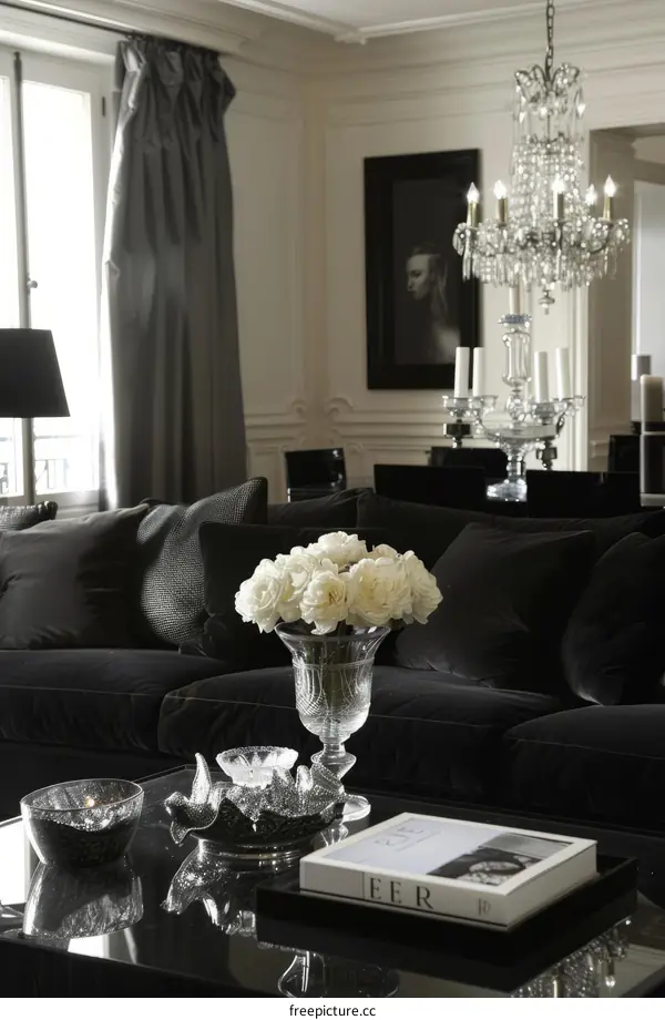 Black and white living room with crystal chandelier