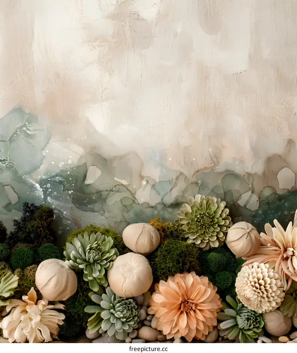 Abstract Watercolor Background with Green and Beige Succulents