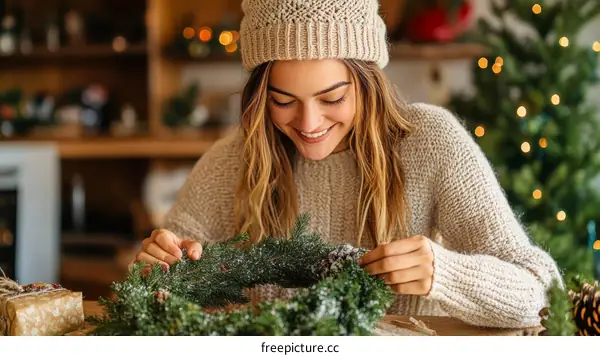 Woman Making a Christmas Wreath