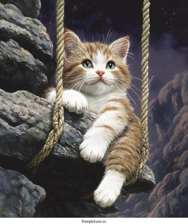 Cute Kitten Hanging On A Rope In A Mountain Landscape