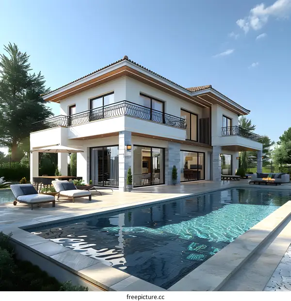A luxurious two-story house with a pool