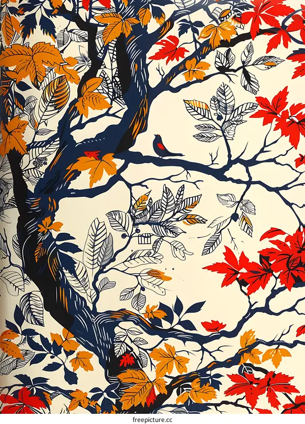 Autumn Leaves and Birds in a Stylized Tree